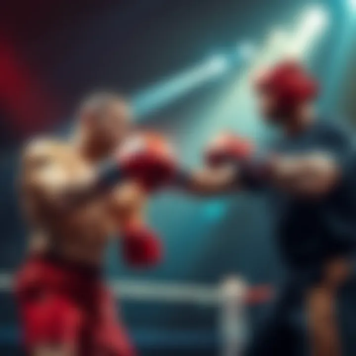 A strong fighter dominates their opponent in a boxing ring, showcasing clear differences in strength and technique