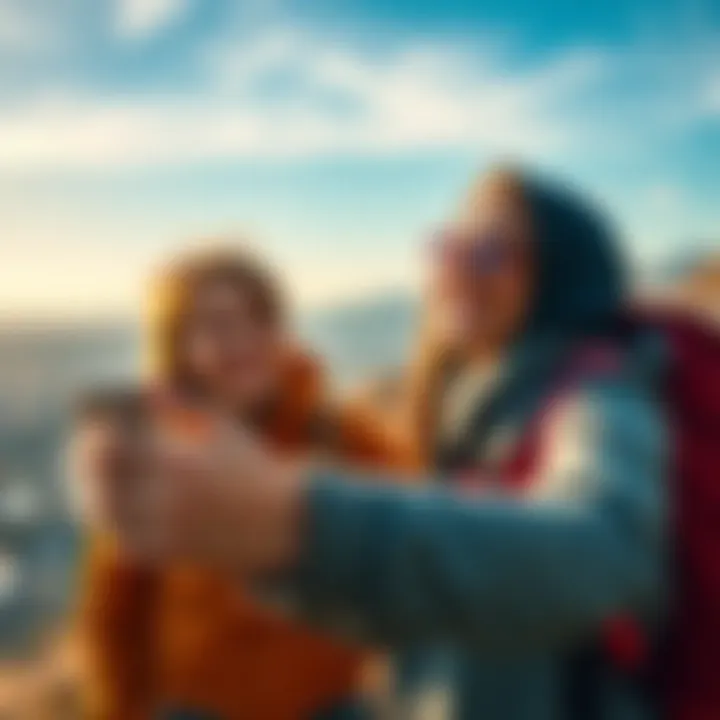 Two friends laughing and taking a selfie at a scenic outdoor location, capturing their joyful moment together.