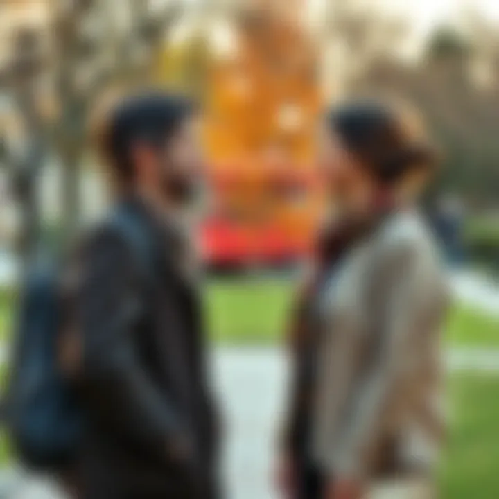 Two unlikely friends having a heartfelt conversation in a park, sharing smiles and laughter.