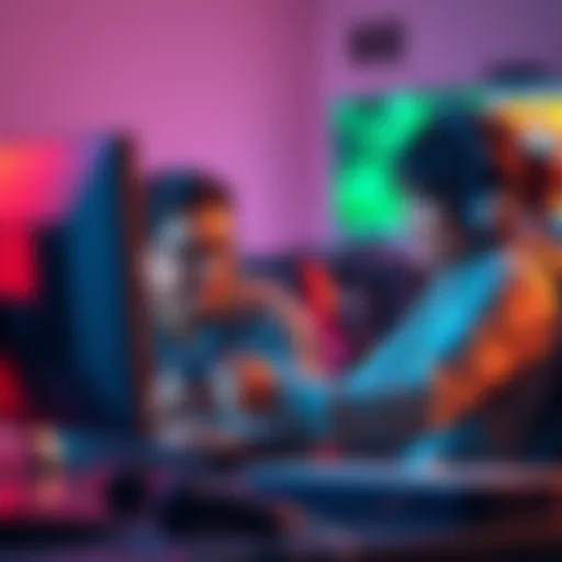 A man and a woman playing a multiplayer game together on one computer, both smiling and focused on the screen.