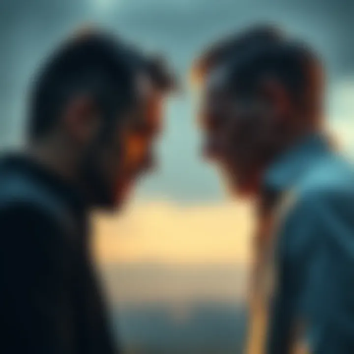 A scene showing one man with a distressed expression looking at another man who appears indifferent, symbolizing conflict between remorse and lack of guilt.