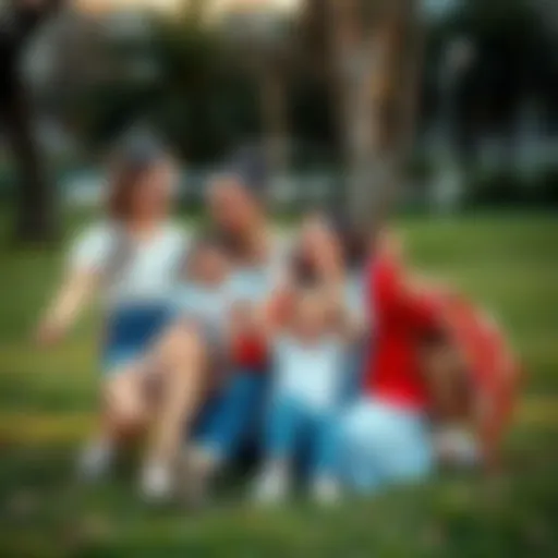 Two mothers joyfully playing with their children in a park, showcasing love and happiness.