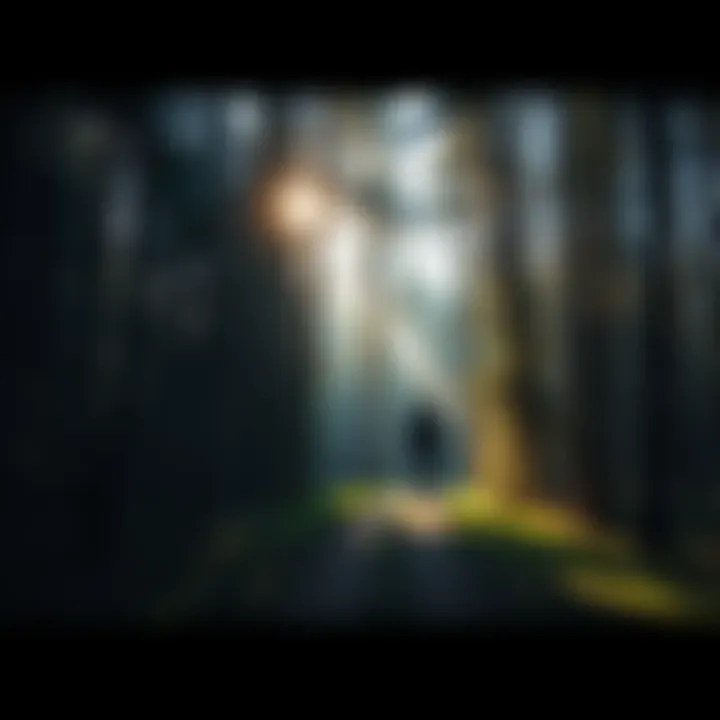 A person standing at a fork in the woods, contemplating which path to take. The sunlight filters through the trees, creating a serene environment for decision-making.