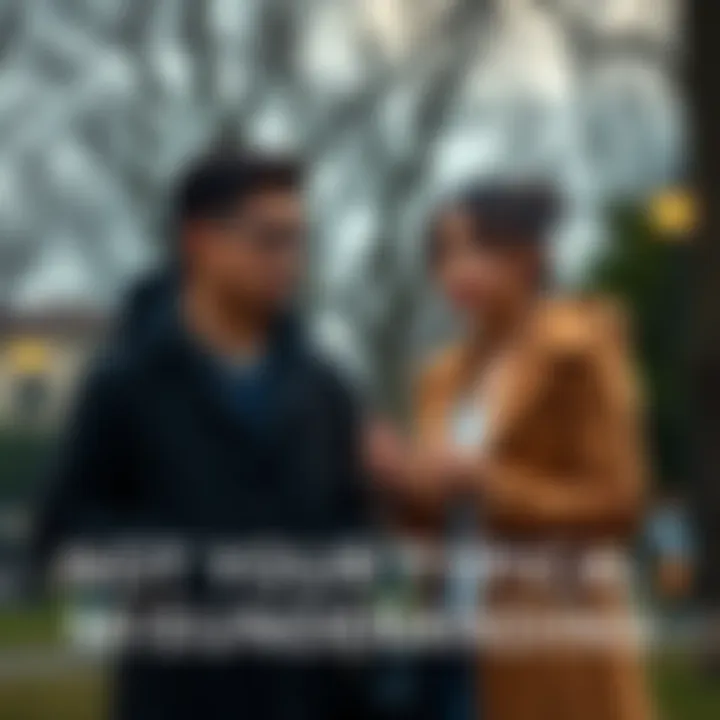 A man and a woman having a serious discussion with puzzled expressions in a park