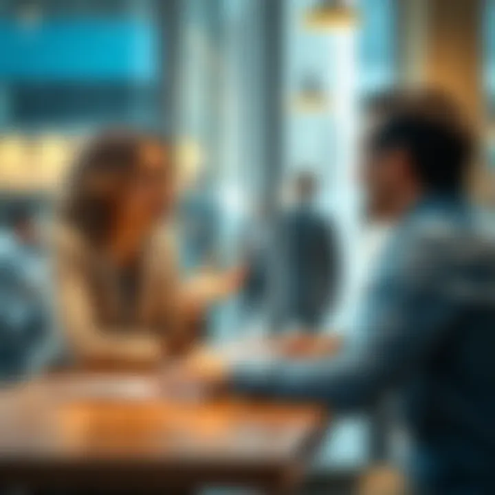 A man and woman sitting at a table, smiling and engaging in a calm conversation with open body language, indicating a friendly dialogue without conflict.