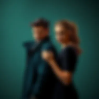 A man and a woman standing close together but facing away from each other, showing mixed emotions of tension and connection.