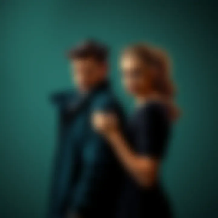 Two people with tense expressions A man and a woman standing close together but facing away from each other, showing mixed emotions of tension and connection.