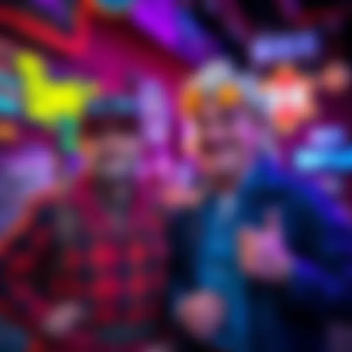 Two flawed characters showcasing their humorous characteristics, interacting in a lively environment full of color and energy