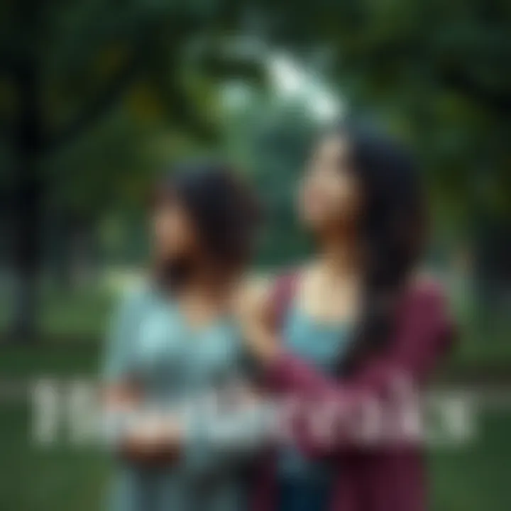 Two women standing together in a park, looking thoughtful and supportive as they reflect on their losses. One woman has her hand on the other's shoulder, symbolizing comfort and shared grief.