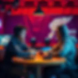 Two gamers at a table discussing their styles with a gaming setup in the background