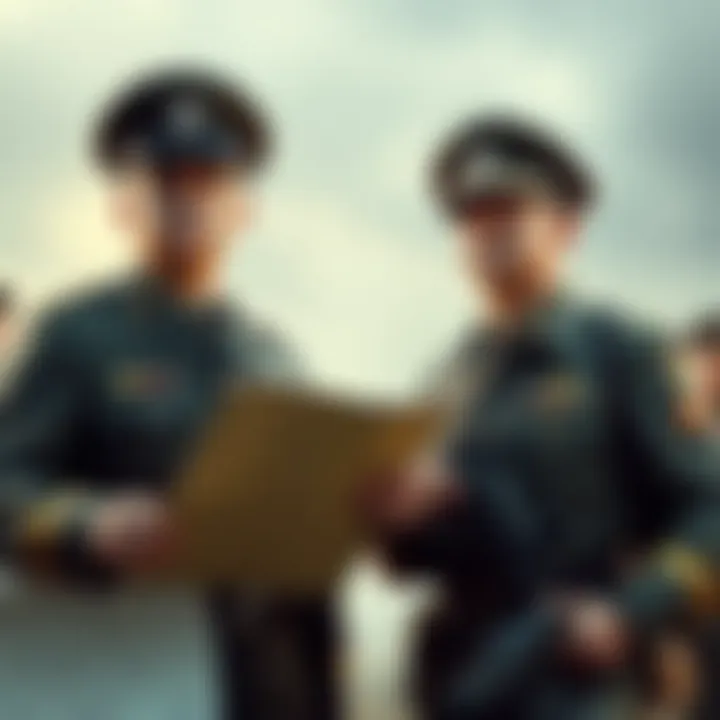 A depiction of two military generals in uniform, one commanding troops with a tactical map and the other motivating soldiers on the battlefield, showcasing their different leadership styles.