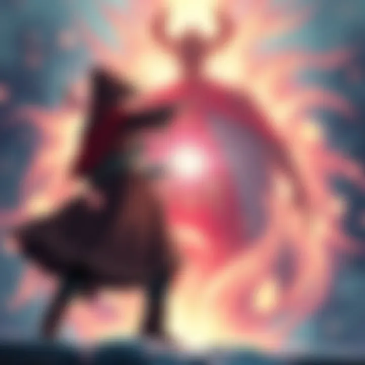 Ubel stands with an intense focus, preparing to cast a spell aimed at Gojo, who is surrounded by a shimmering barrier representing Infinity.