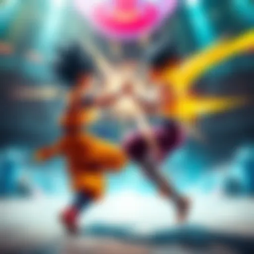 UI Goku and SSBE Vegeta in Battle UI Goku and SSBE Vegeta engage in an intense fight, showcasing their powerful attacks in a vibrant arena.