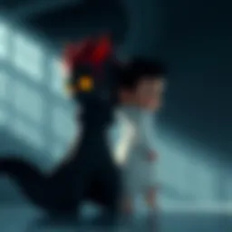 Character Ui Ui stands between shadows and light, symbolizing the conflict of being a potential villain or a hero for children.