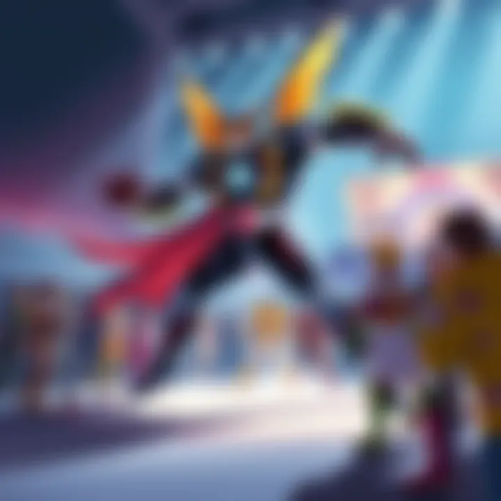 A dynamic illustration showing a powerful fusion character dominating a competition arena, with competitors looking on in awe.