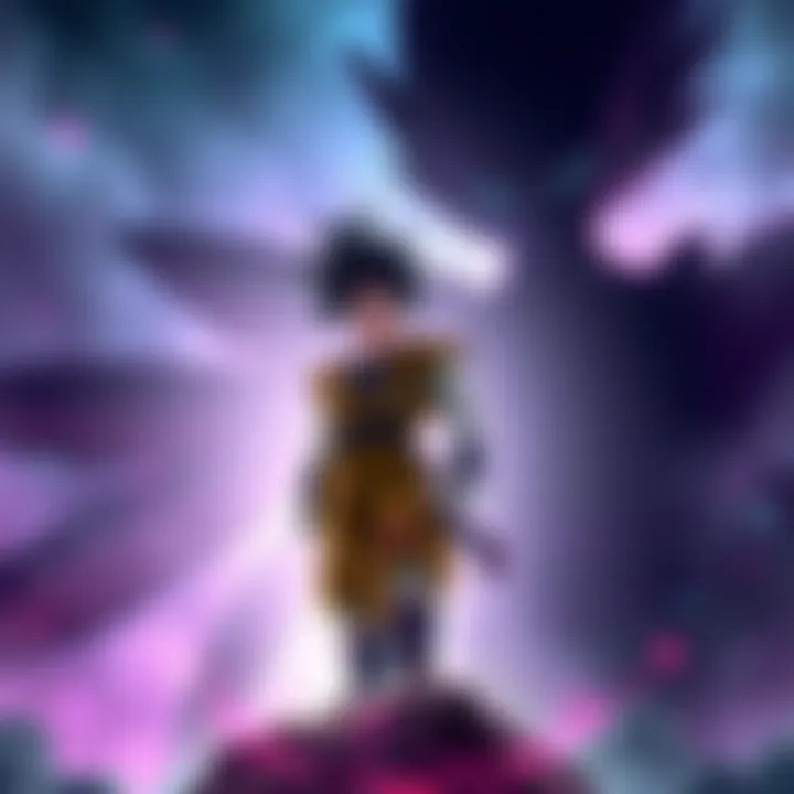 Ultra SSJ Goku stands defiant as Frieza's shadow looms ominously, symbolizing an endless cycle of defeat in a vibrant battle scene.