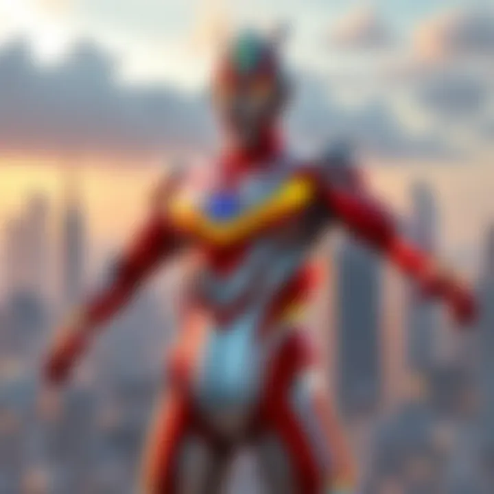 Ultraman, the iconic hero, poses confidently with a city skyline in the background.