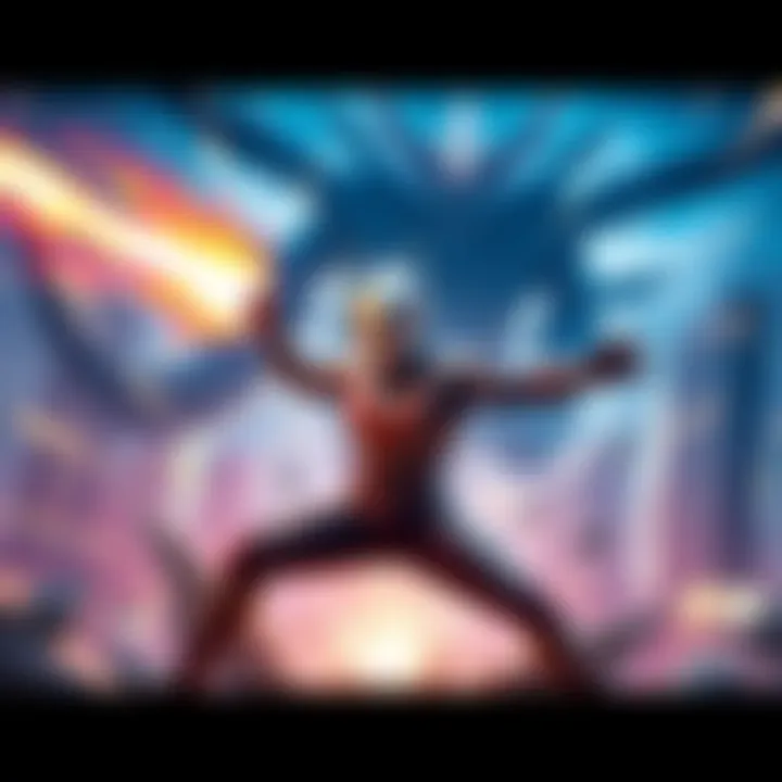 An Ultraman character battling a giant monster in a vibrant cityscape, showcasing intense action and excitement.