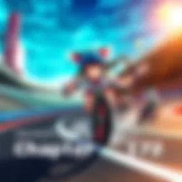 A dynamic scene featuring a character from Uma Musume racing on a track, showcasing determination and teamwork.