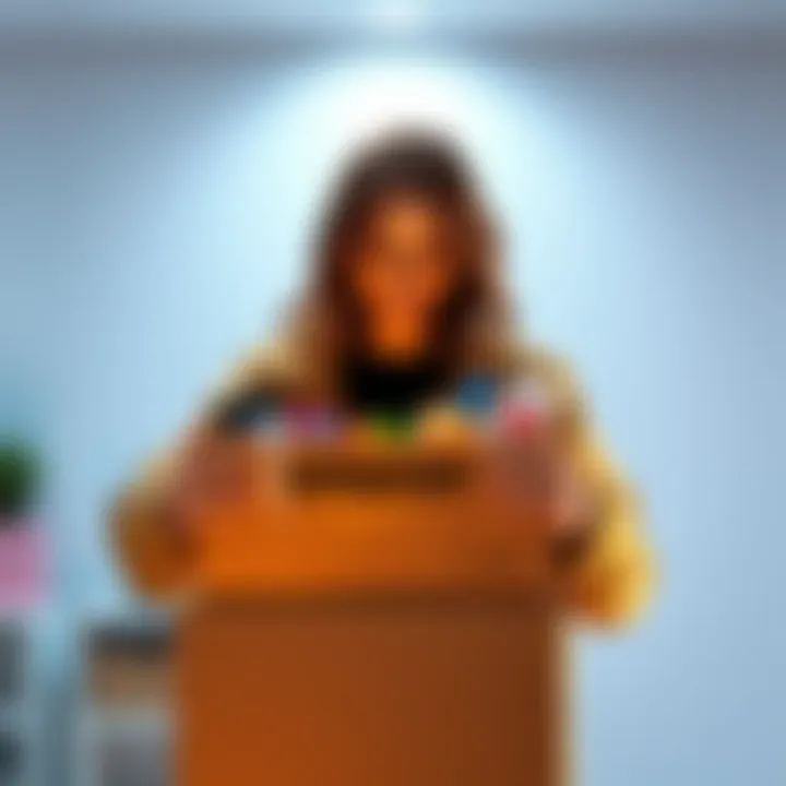 A person happily unboxes an Amazon package, revealing colorful items inside, showcasing excitement and surprise.