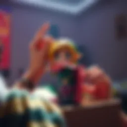A person unboxing a Majora Link Nendo figure, showcasing its detailed design and vibrant colors, with excitement in the air