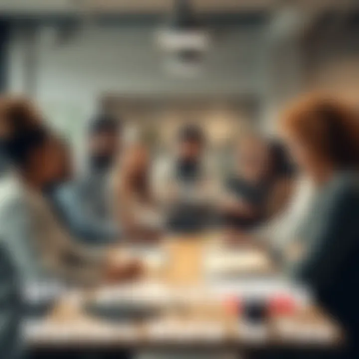 A group of diverse people discussing ideas around a table with books and notes on a modern workspace