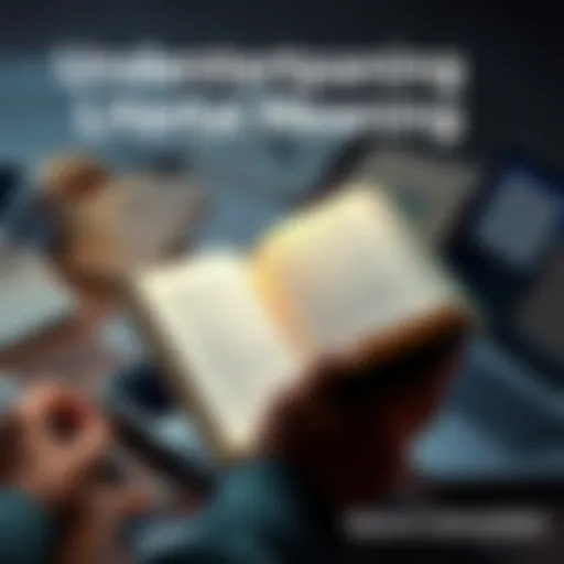 A person reading a book with highlighted text about language and communication, surrounded by notes and a laptop, symbolizing the importance of literal meaning in understanding.