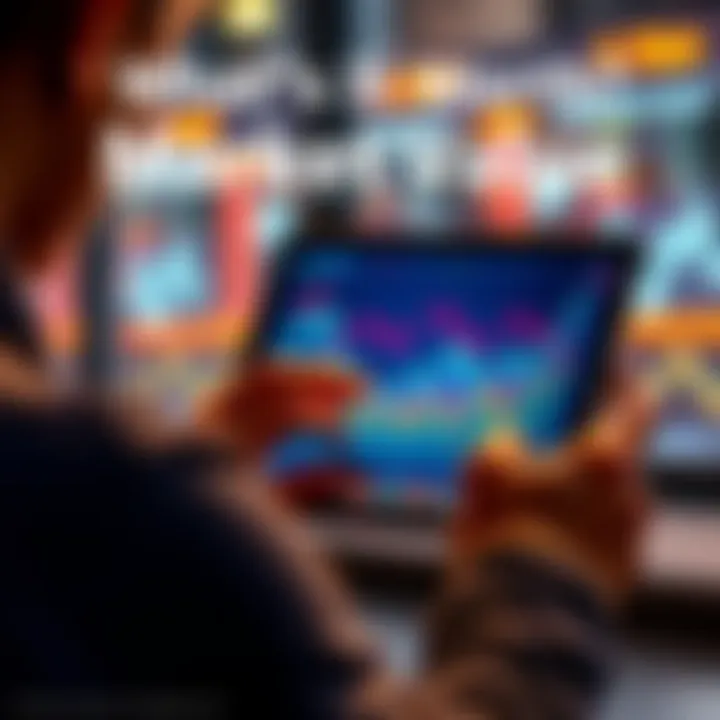 A person examining market trends on a digital tablet with graphs and charts illustrating value changes.