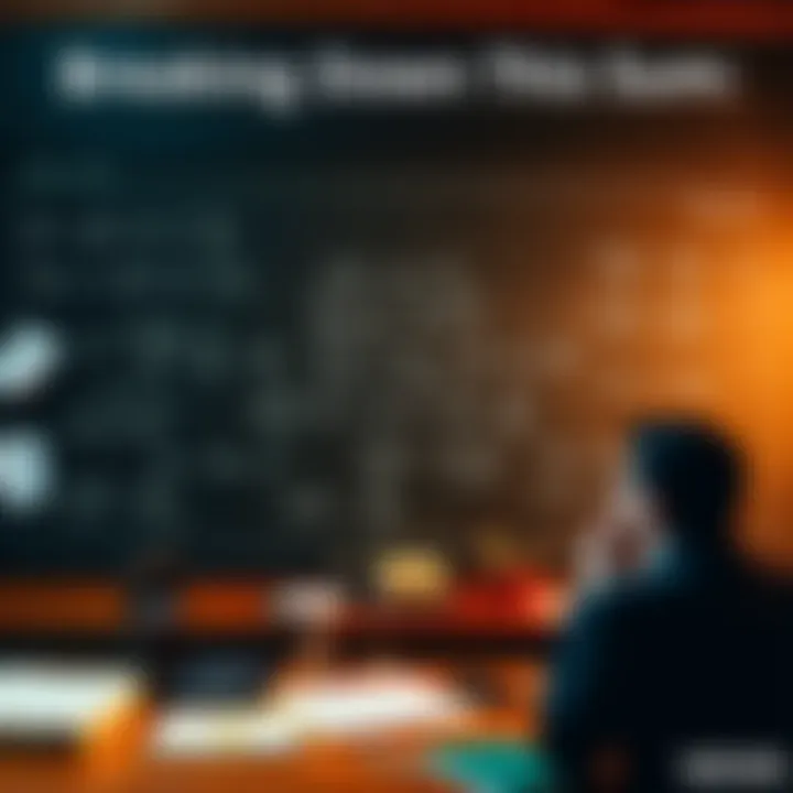 A person analyzing a complex math equation on a chalkboard, with notes and calculations visible around them.