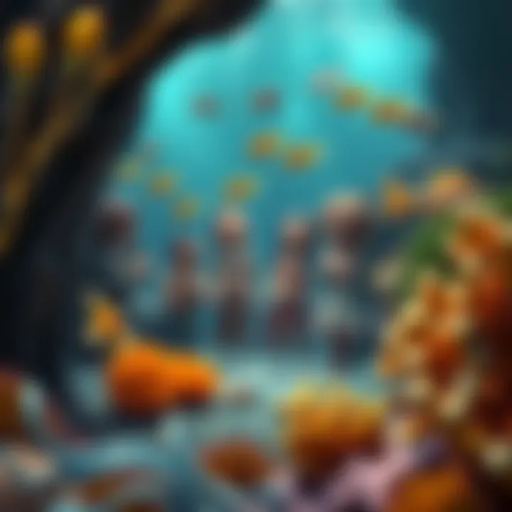 A group of fishfolk and merfolk discussing the impacts of global flooding, surrounded by coral and aquatic plants.