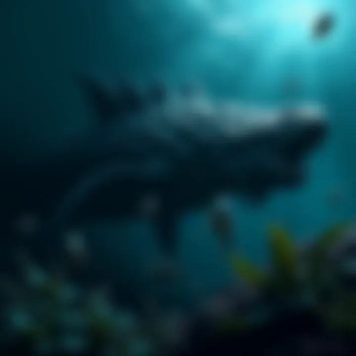 A dark ocean scene showing a large mythical sea creature lurking beneath the waves, surrounded by smaller fish and sea plants.