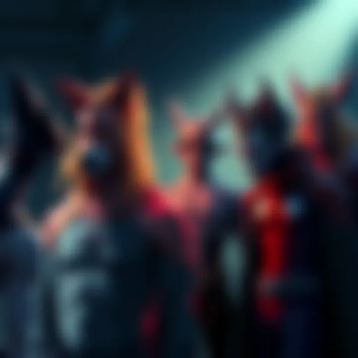 A group of hybrid characters looking defeated and unremarkable, standing together with a lack of confidence in a dimly lit setting.