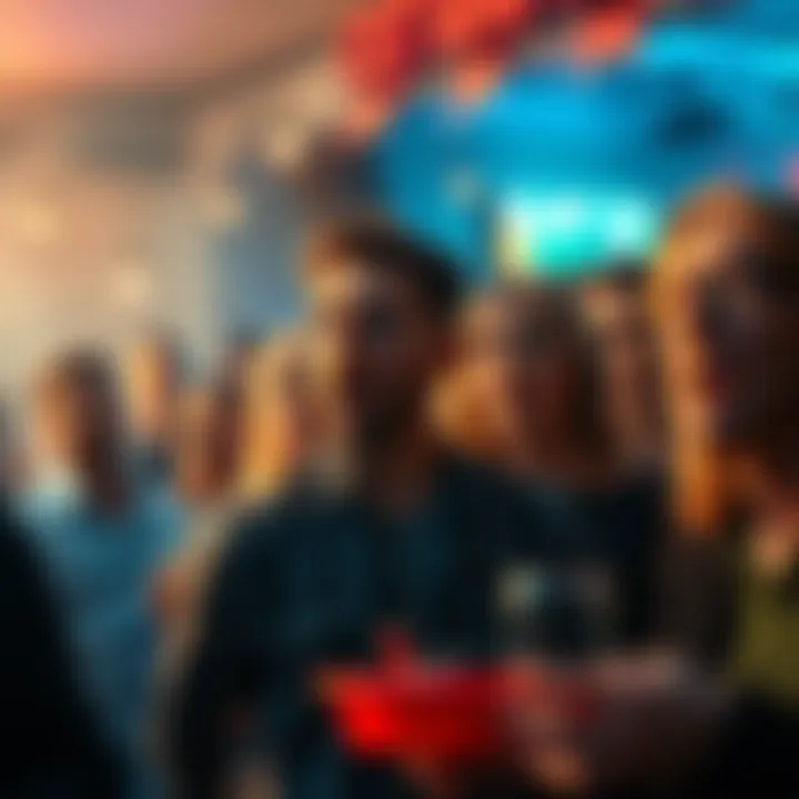 A surprised group of people looking at an unexpected guest at a lively gathering, showcasing their varied reactions of shock and confusion.
