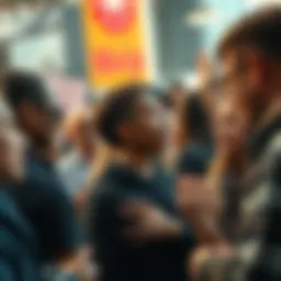 People showing empathy toward a controversial figure during a public event, with mixed expressions and discussions happening around them.