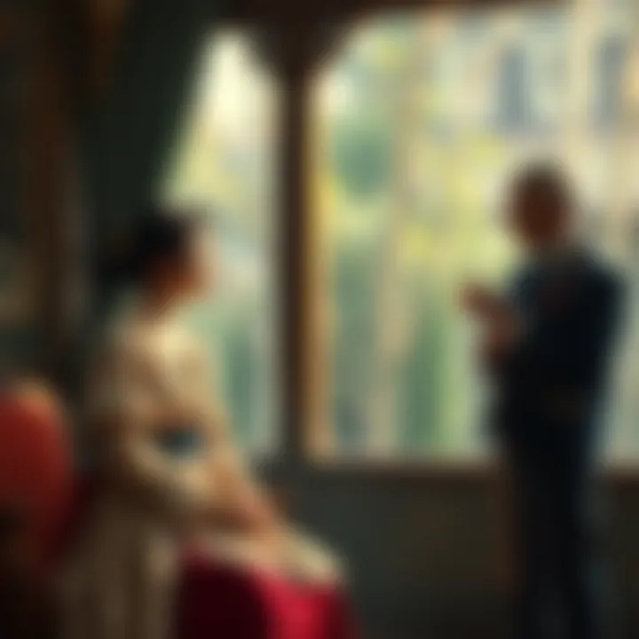 An unfashionable lady in simple attire calmly interacts with a young lord in elegant clothing, showing an unexpected connection between them.