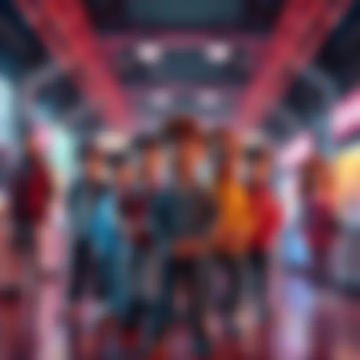 Unimportant Characters in Media A group of generic characters standing together, looking confused and out of place, in a colorful media setting.