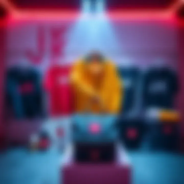 A display of Uniqlo x JJK branded clothing and accessories, featuring shirts, hoodies, and bags, showcasing vibrant designs for fans.