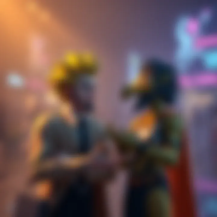 Two distinct characters engaging in a lively conversation, each showing their unique expressions and gestures
