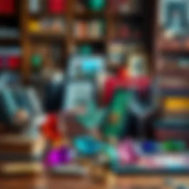 A colorful assortment of unique items representing hidden gems, including books, art pieces, and collectibles on a wooden table.