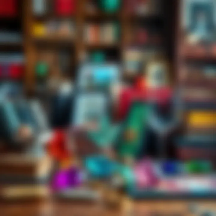 A colorful assortment of unique items representing hidden gems, including books, art pieces, and collectibles on a wooden table.