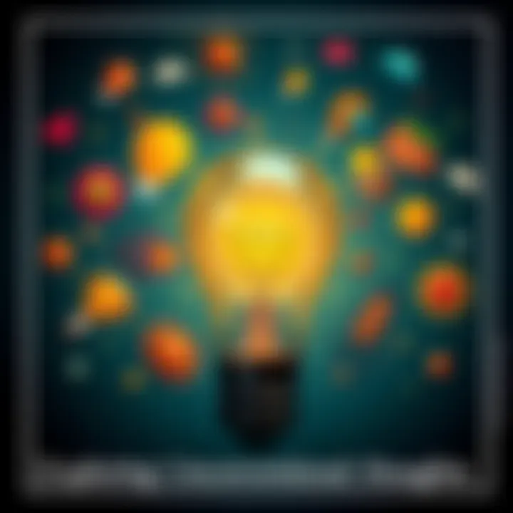 Unique Ideas A light bulb surrounded by colorful illustrations representing unconventional thoughts and ideas.