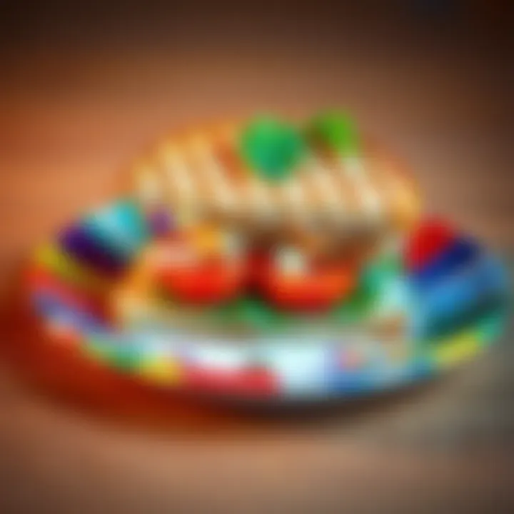 A creative sandwich with unusual ingredients served on a colorful plate