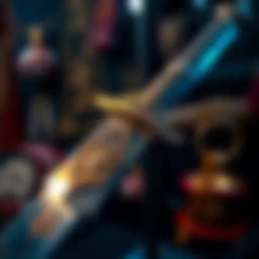 A close-up view of an intricately designed sword showcasing fine craftsmanship and historical elements.