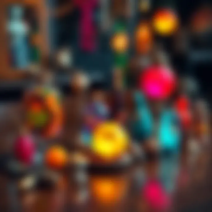 A vibrant display of various unique items, each with distinct shapes and colors, showcased on a wooden table.