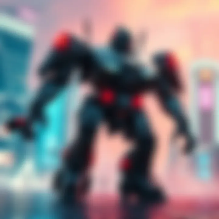 A large, futuristic robot Unit-01 standing tall in a vibrant, advanced cityscape, with bright lights and flying vehicles around.