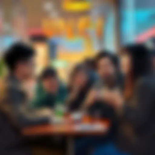 People discussing Unmei at a trendy cafe, showing excitement and curiosity
