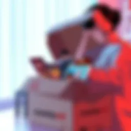 Unpacking Crunchyroll Order A person unpacking a box filled with anime merchandise from Crunchyroll, showcasing various items like figures and posters.