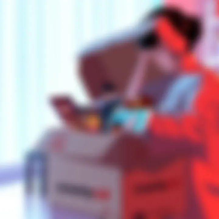 Unpacking Crunchyroll Order A person unpacking a box filled with anime merchandise from Crunchyroll, showcasing various items like figures and posters.