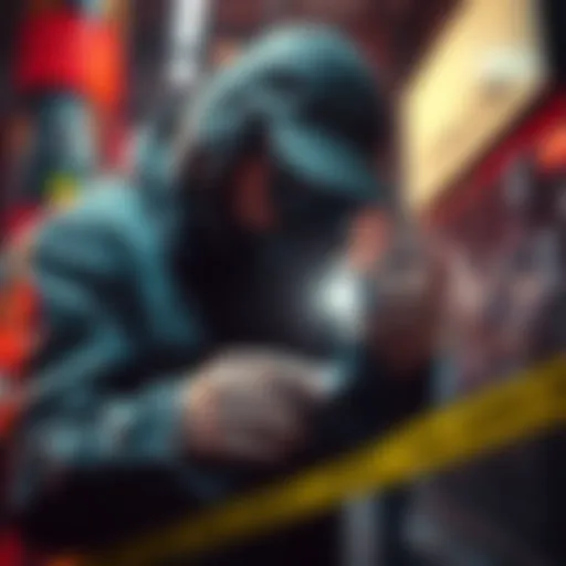 A detective examining a crime scene with evidence markers and a flashlight