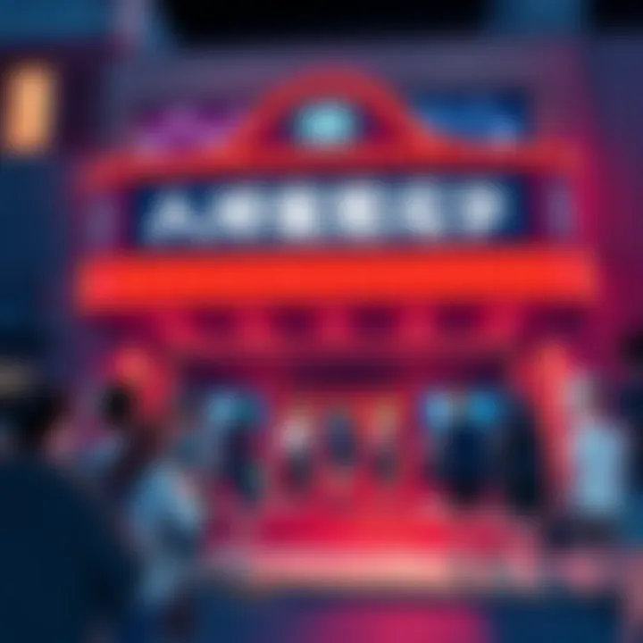 A movie theater marquee showing the title of an upcoming anime film, with excited fans gathered outside.